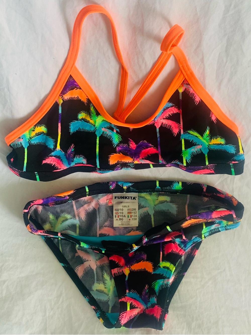 Girls Neon Palm Two-Piece Bikini - Black with Neon Orange Trim